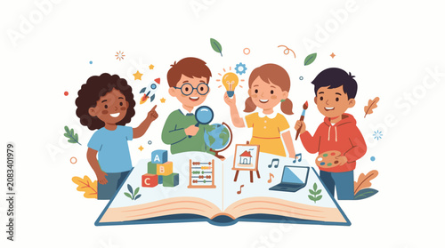 Diverse children engage in learning and creative pursuits atop an open book