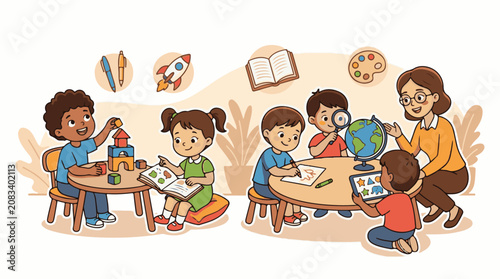 Diverse children engage in learning and play with a teacher