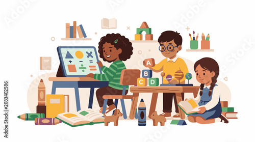 Diverse children engage in learning with technology books and toys