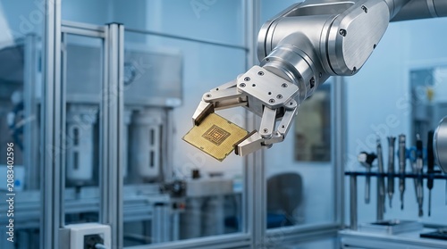 Precision automation in electronics production with a robotic arm holding a computer CPU processor