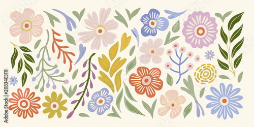 Photography Floral ornament featuring assorted wildflowers and leaves vector illustration