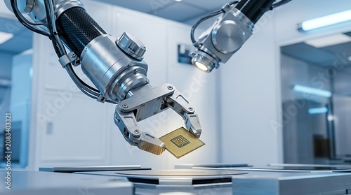 Industrial robotic arm holding a golden computer processor chip in a high tech manufacturing facility