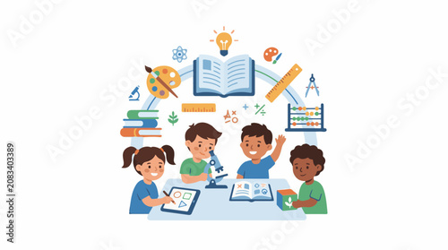 Diverse children engage in playful learning with science and art tools