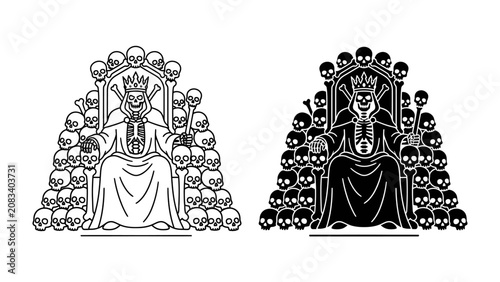 Φωτογραφία King of Skulls Throne: An eerie illustration depicts a skeletal king adorned with a crown, seated on an imposing throne constructed entirely of skulls