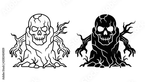 Tableau sur toile Skull Tree Stump Monster Illustration: A stylized, eerie illustration depicting a monstrous figure merging a skull with a gnarled tree stump, featuring skeletal hands and a menacing expression