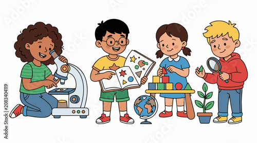 Diverse children engage in STEM activities exploring science math and nature