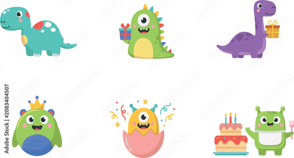 Fototapeta premium Adorable baby monster and dinosaur sticker set holding birthday presents and celebrating with festive holiday cake nursery design elements vector