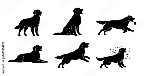 Canvas-taulu Golden Retriever Dog Silhouettes Set, Six Poses Vector Collection, Playful Pet A