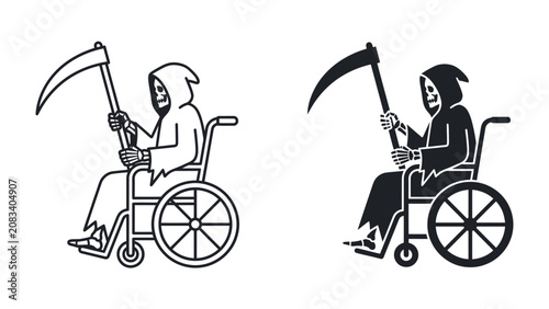 Cuadro en lienzo The Grim Reaper in a Wheelchair: A stylized depiction of the Grim Reaper, a skeletal figure in a hooded robe holding a scythe, seated in a wheelchair, symbolizing mortality, disability