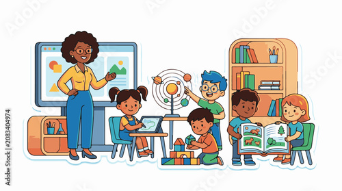 Diverse children learning in a classroom with a teacher and interactive display