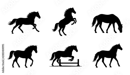 Tableau sur toile Horse Silhouettes Collection, Equestrian Poses Vector Set, Galloping and Jumping