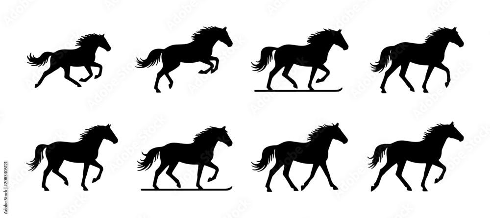 Fototapeta premium Horse Silhouette Animation Frames, Galloping and Trotting Horse Motion Sequence, Equestrian Sport and Animal Movement Vector Graphics