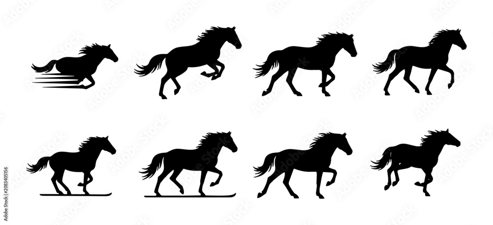Fototapeta premium Horse Silhouette Animation Sequence, Galloping and Trotting Vector Set, Black Equine Motion Graphics for Design
