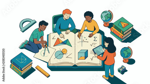 Diverse children learning math with books globes and digital tablet