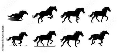 Fotografie Horse Silhouette Animation Sequence, Galloping and Trotting Vector Set, Black Eq