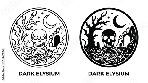 Foto Dark Elysium Emblem: A striking circular emblem featuring a stylized skull, dead tree, crescent moon, and floral elements, symbolizing mystery and the macabre