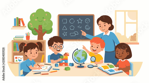 Diverse children learning shapes and globe with teacher
