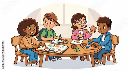 Diverse children learning shapes and drawing at a round table