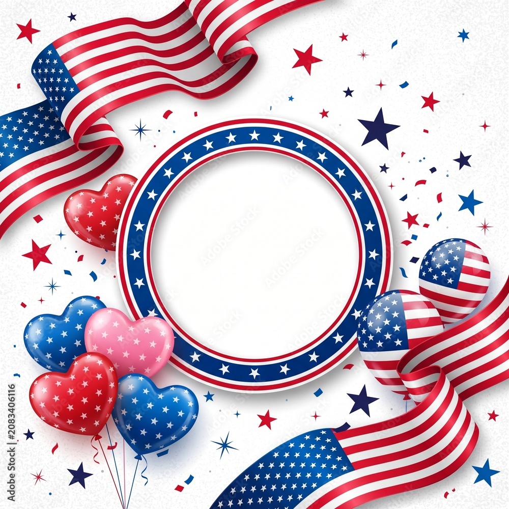 Obraz premium Patriotic USA Border Frame with American Flag Banners and Balloons for 4th of July Independence Day Celebration