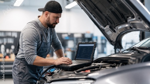 Automotive Technician Running Digital Vehicle Diagnostics with Rugged Laptop in Professional Auto Repair Shop