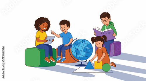 Diverse children learning together with books tablet and globe