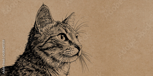 Detailed black ink sketch portrait of a domestic cat profile on a brown textured craft paper background with large copy space on the right, perfect for vintage-themed designs and artistic projects.
