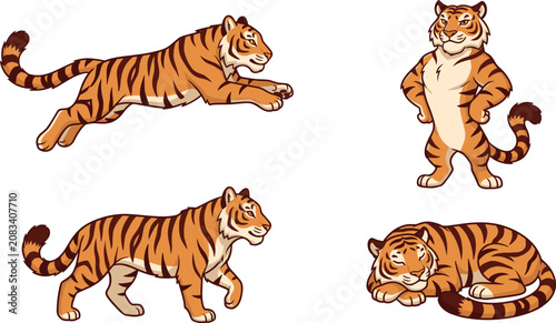 Bild auf Leinwand Cute cartoon tiger character vector illustration set showing running standing an