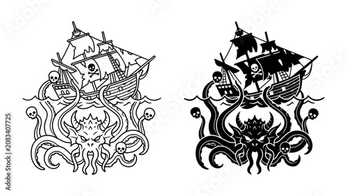Bild auf Leinwand Pirate Ship Encounter: A dramatic illustration depicts a pirate ship confronting a monstrous kraken amidst stormy seas, with skulls adorning the sails, evoking a sense of adventure and danger