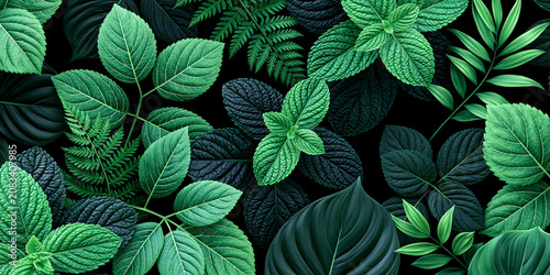 Beautiful composition of various green tropical leaves, mint foliage, and fern fronds over a dark background, highlighting detailed botanical textures and rich natural patterns.