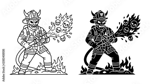 Fotografie Inferno Guardian: A formidable firefighter, adorned with devilish horns on his helmet, unleashes a torrent of fire, depicted as burning skulls, from his hose, standing amidst raging flames