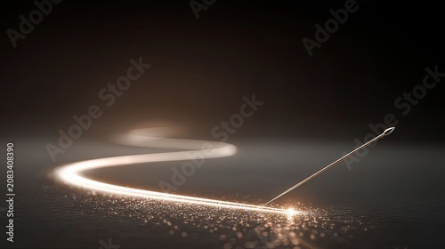 A long, glowing streak of light pierces through a dark, reflective surface.