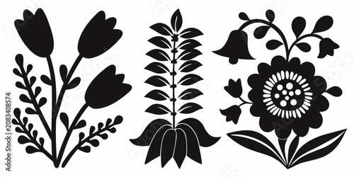 Foto Black silhouette illustrations of tulips snapdragon and bellflower plants