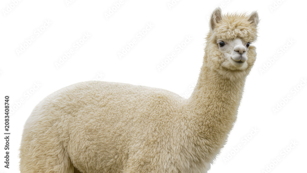 Obraz premium Creamy white alpaca with fluffy wool and alert eyes