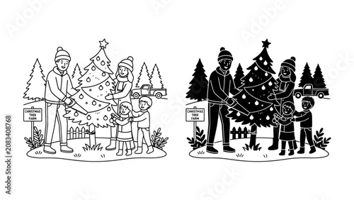 Fotografie Family Decorating Christmas Tree: A heartwarming illustration of a family happily decorating their Christmas tree, with parents and children gathered around, spreading festive cheer