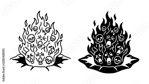 Fotografie Burning Souls: Two stark illustrations depict a fiery inferno populated by screaming skulls, representing the torments of hell or a profound sense of despair and agony
