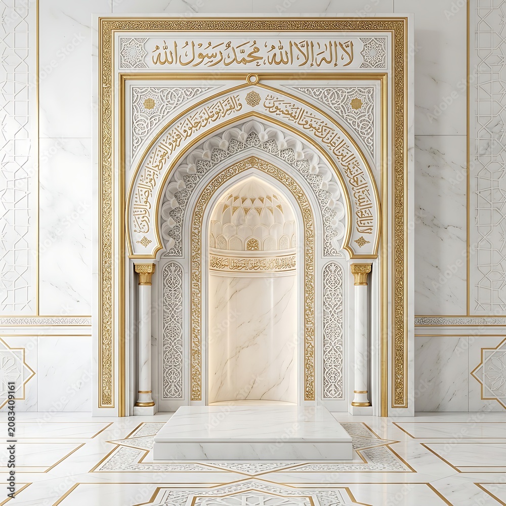 Obraz premium Elegant Marble Mihrab Background for Ramadan and Eid Promotional Banner