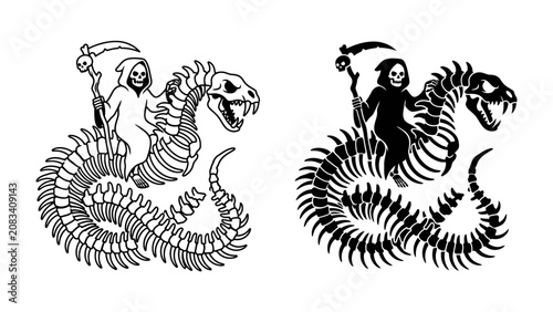Bild auf Leinwand Reaper Riding Serpent Skeleton: A macabre illustration featuring the Grim Reaper atop a skeletal serpent, both rendered in stark black and white outlines