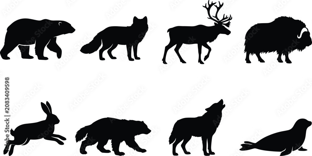 Obraz premium Arctic and Forest Wildlife Animal Silhouette Vector Set with Bear Wolf Caribou Bison and Seal