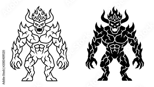 Bild auf Leinwand Fiery Demon Character Design: A striking depiction of a demon-like creature, rendered in both outline and solid black, featuring a skull face, horns, flaming elements, and a muscular physique
