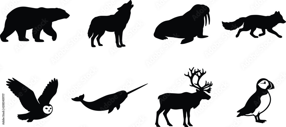 Fototapeta premium Arctic and Northern Wildlife Black Silhouette Collection Featuring Bear Wolf Walrus Fox Owl Narwhal Moose and Puffin