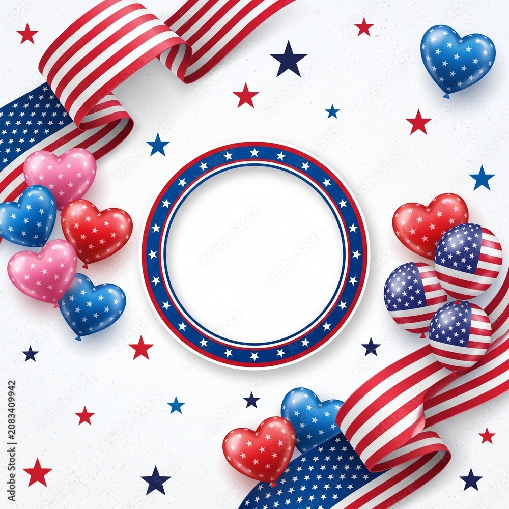 Obraz premium Patriotic USA Independence Day Frame with American Flag Ribbons and Star Balloons
