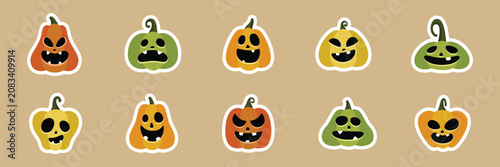 Spooky pumpkin flat illustration set with different colors perfect for stickers, Halloween design, and seasonal projects.