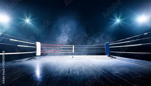 empty boxing ring in arena spot lights smoke and dark night scene dramatic fighters background extreme sport and exhibition
