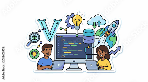 Diverse coders collaborate on digital projects exploring ideas and launching innovations