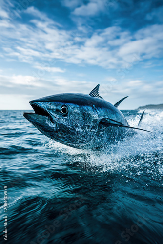 Dramatic action shot of a large bluefin tuna leaping out of the ocean waves, created with Generative AI Technology, ai, generative