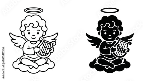 Fotografie Cherubic Muse: A stylized cherub with wings and a halo sits on a cloud, playing a harp