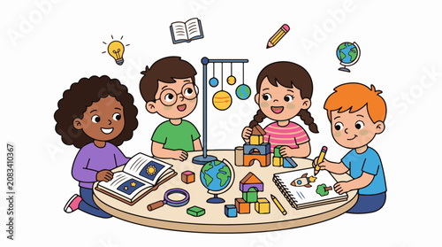 Diverse children learning and playing together at a round table with educational items