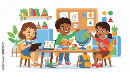Diverse children learning and playing in a classroom setting
