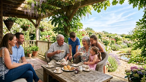 Multi-generational family enjoys a warm afternoon tea together on a beautiful garden patio surrounded by blooming flowers