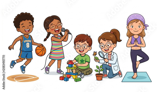 Collection of Five Cartoon Children in Different Activities Vector Illustration
